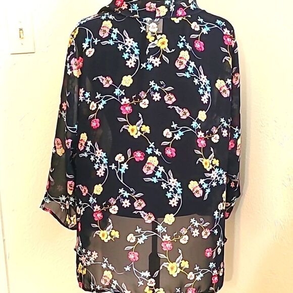 Bedford Fair Sheer Coverup Jacket, Navy w/Colorful Flowers & Ruffles, Size 2X - Picture 5 of 7